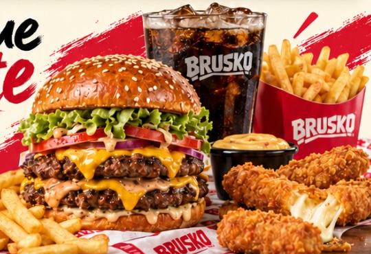 Hamburguesa, papas fritas, bebida y pollo frito Brusko